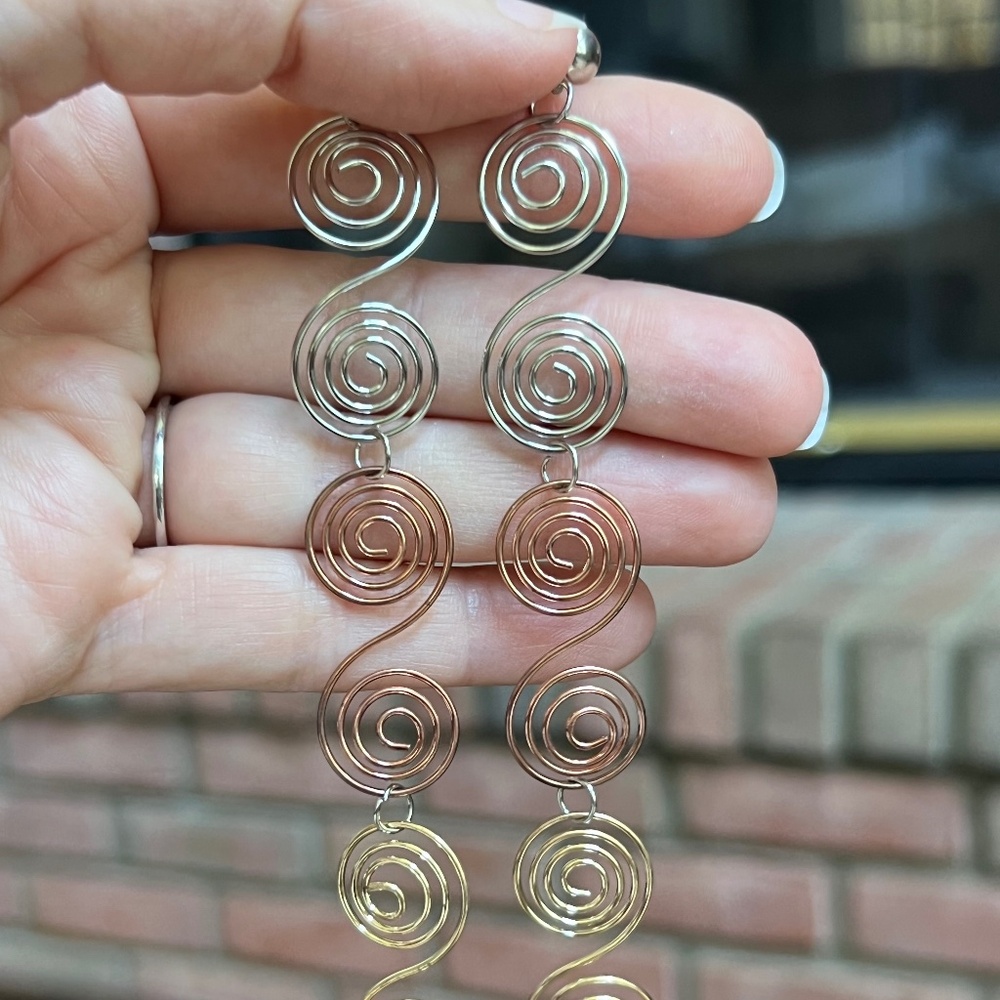 Long Tri-Color Spiral Swirl Dangle Earrings